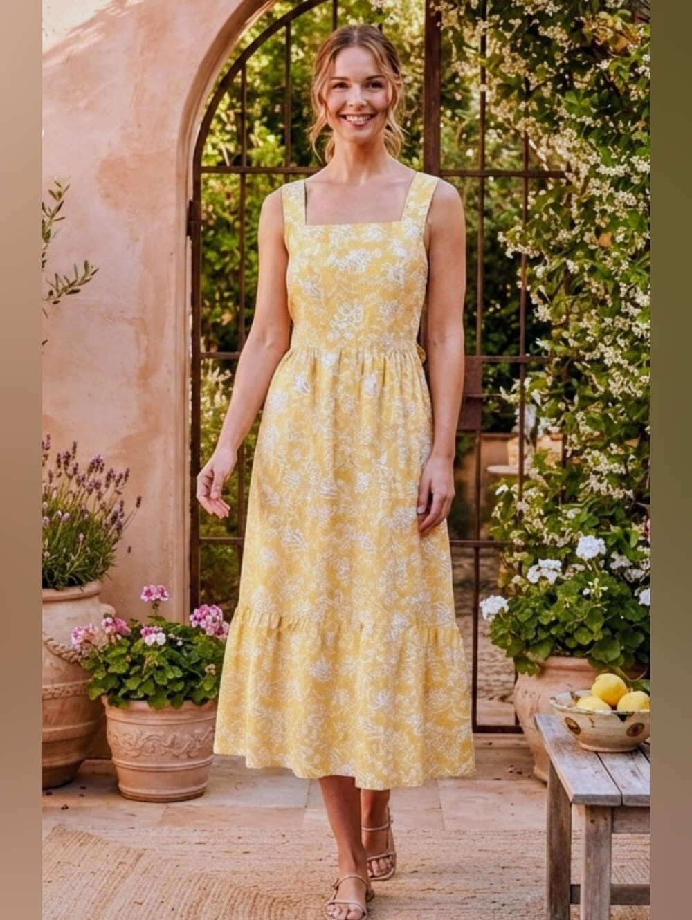 NWOT F&F Yellow Floral Tiered Tie-Back Midi Dress US 12 Large